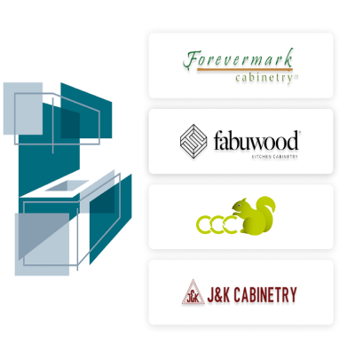 A photo of a variety of kitchen cabinet brands. The brands include Forevermark, Fabuwood, CCC, and Jk. These cabinets are available at Badger Cabinets, a cabinet store in Oak Creek, Milwaukee.