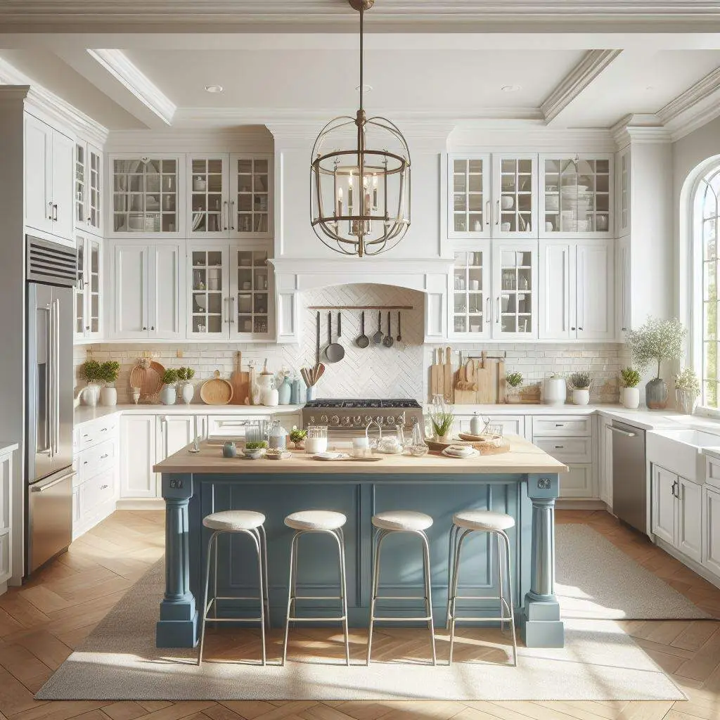 white kitchen cabinets with blue island and brown Flooring in Oak Creek, Milwaukee, Wisconsin