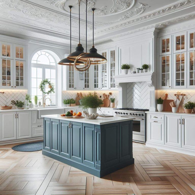 White Kitchen Cabinets With Navy Blue Island