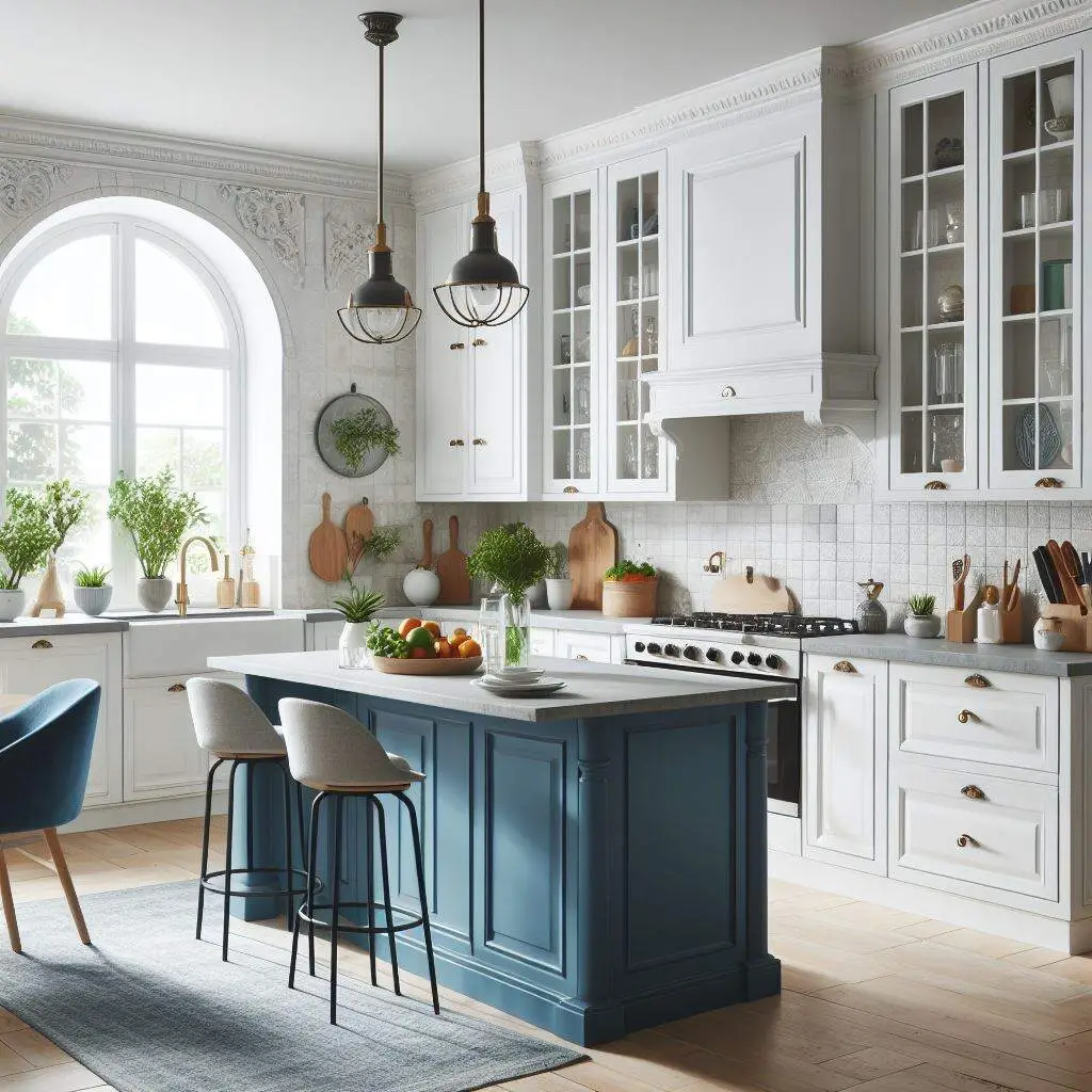 white kitchen cabinets with blue island in Oak Creek, Milwaukee