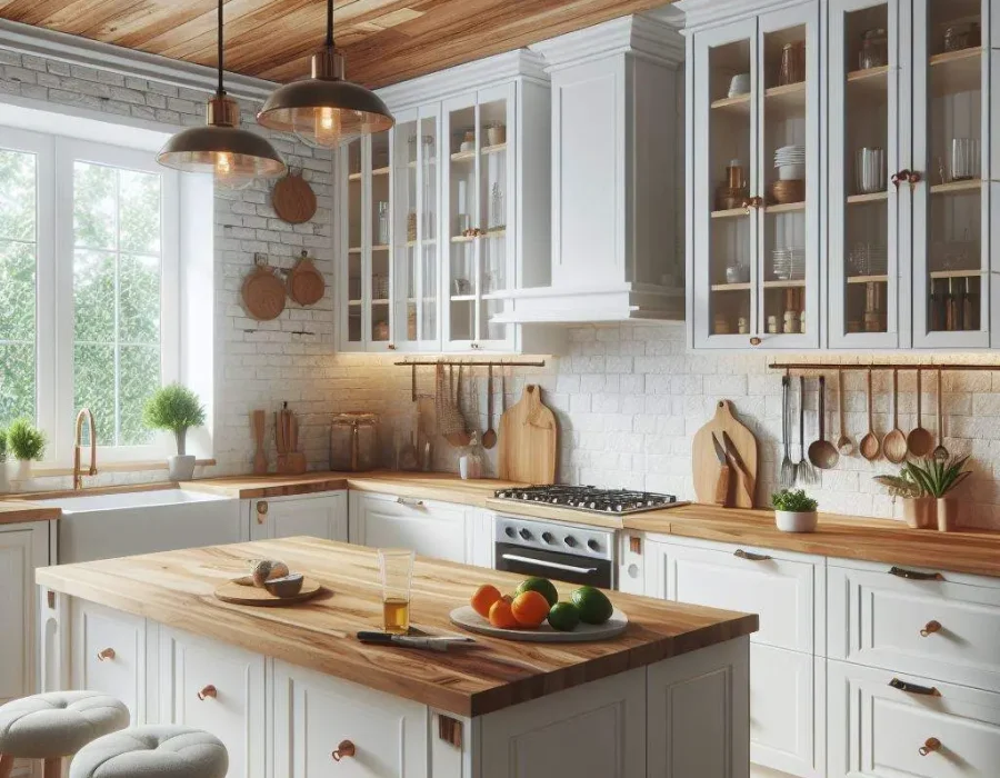 white kitchen cabinets with wood countertops in Oak Creek, Milwaukee, Wisconsin